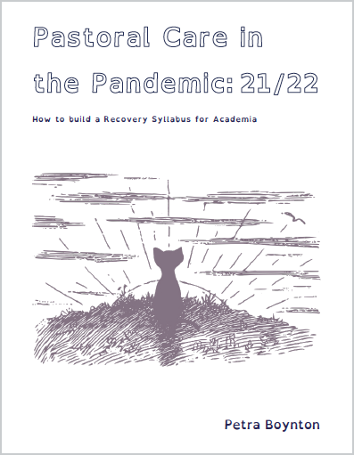 A cover of the workbook "Wellbeing in the Pandemic: Building a Recovery Syllabus for Students and Staff". It features a line drawing of a small black cat sitting on a hill with the sun rising behind it.